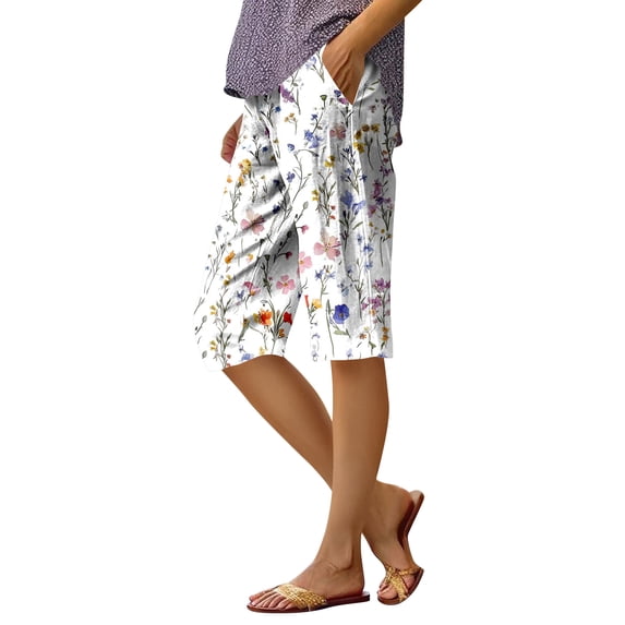 Domuza Women Bermuda Shorts Casual Knee Length Loose Fit Beach Shorts Summer Boho Striped Floral Print Athletic Shorts with Pocket Khaki M