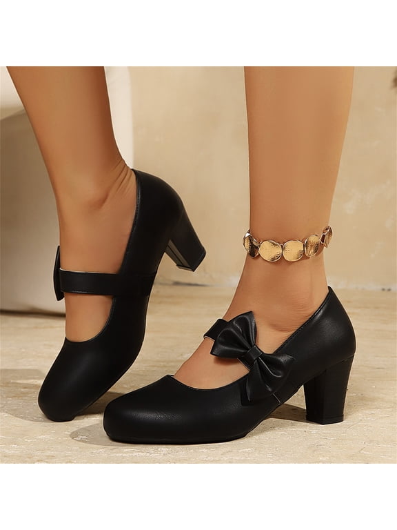 Women Bow Decor Block Heel Mary Jane Shoes, Round Toe Strap Fashion Dress Pumps Black 8.5(EU-41)