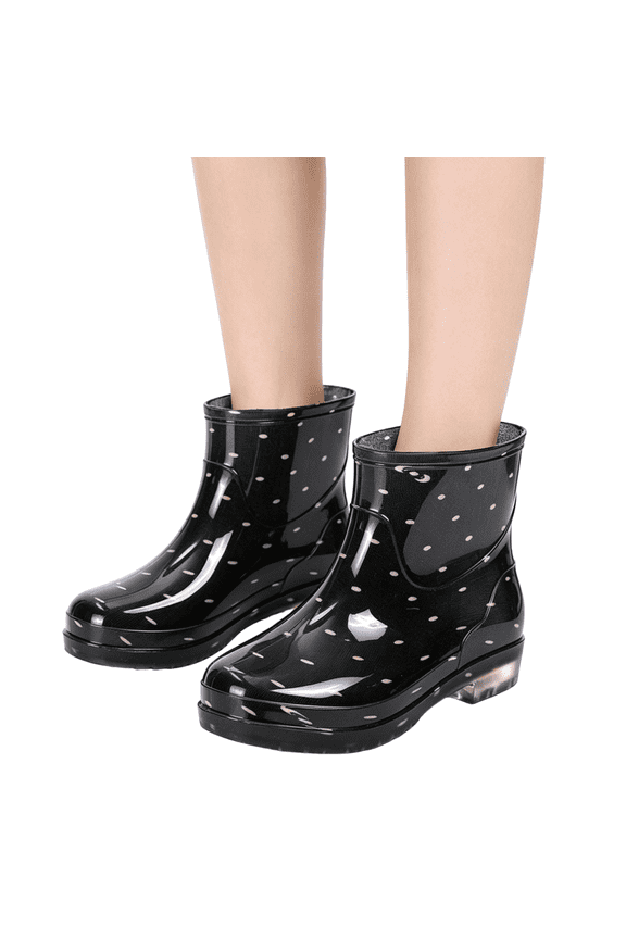 Women Bow Tie Printed Glossy Short Ankle Rain Boots, Waterproof Non Slip PVC Rain Shoes for Gardening Walking Commuting Outdoor Rainy Day Wear Black 6.5(EU-37)
