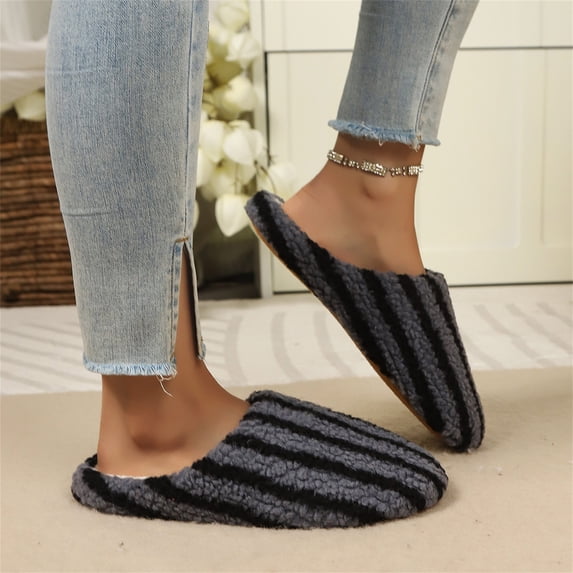 Domuza Women Colorful Striped Teddy Fleece Closed Toe House Slippers, Plush Lined Non Slip Soft Sole Slip On Warm Indoor Mule Slippers for Bedroom Autumn Winter Black 7(EU-38)