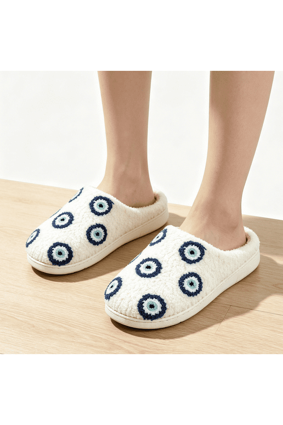 Women Cute Fruit Embroidery Fuzzy Slide Slippers, Soft Plush Lining Warm Open Back House Slippers Non Slip Rubber Sole Indoor Bedroom Footwear Blue 8(EU-40)