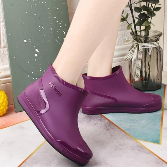 Domuza Women Embossed Letter Short Ankle Rain Boots, Waterproof PVC Glossy Reinforced Toe Non Slip Thick Sole Fashion Rain Shoes for Gardening Outdoor Use Purple 7(EU-38)
