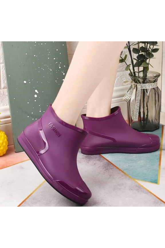Women Embossed Letter Short Ankle Rain Boots, Waterproof PVC Glossy Reinforced Toe Non Slip Thick Sole Fashion Rain Shoes for Gardening Outdoor Use Purple 5.5(EU-36)