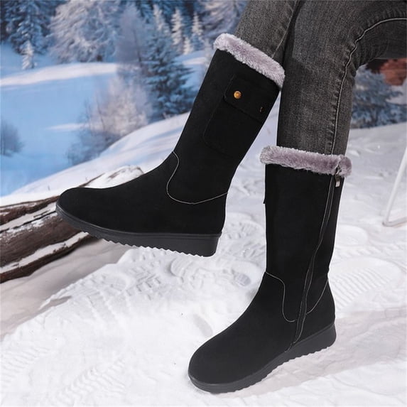 Domuza Women Fleece Lined Mid Calf Winter Boots, Side Zipper Pocket Decor Warm Snow Boots Black 9(EU-42)