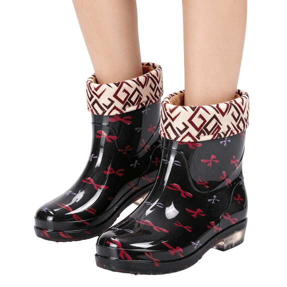 Domuza Women Floral Printed Fleece Lined Short Ankle Rain Boots, Waterproof Non Slip Rubber Sole Warm Lined Rain Shoes for Outdoor Gardening Walking Rainy Days Pink 5.5(EU-36)