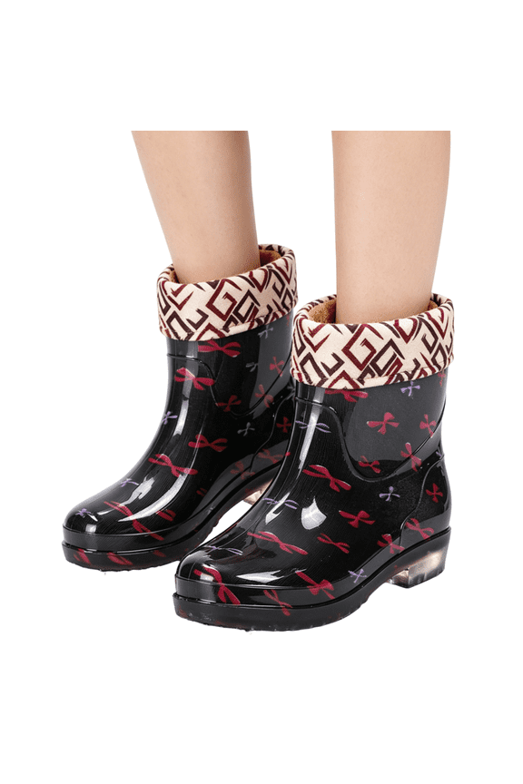 Women Floral Printed Fleece Lined Short Ankle Rain Boots, Waterproof Non Slip Rubber Sole Warm Lined Rain Shoes for Outdoor Gardening Walking Rainy Days Pink 5.5(EU-36)