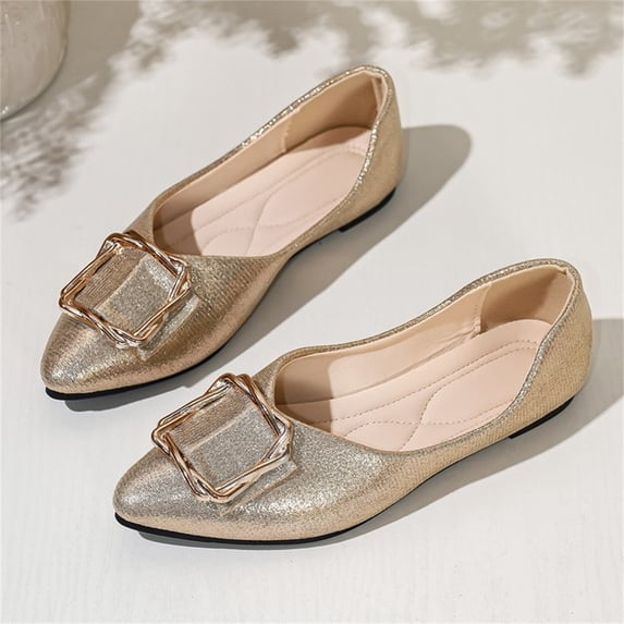 Domuza Women Glitter Pointed Toe Ballet Flats, Metal Buckle Slip On Dressy Shoes, Comfortable Casual Flat Footwear for Daily and Party Gold 10(EU-43)
