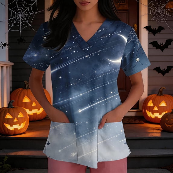 Domuza Women Halloween Scrubs Shirts Pumpkin Printed Casual Soft Stretchy Short Sleeve V Neck Tee Shirts Breathable Nurse Uniforms Tops with Pocket Dark Gray S
