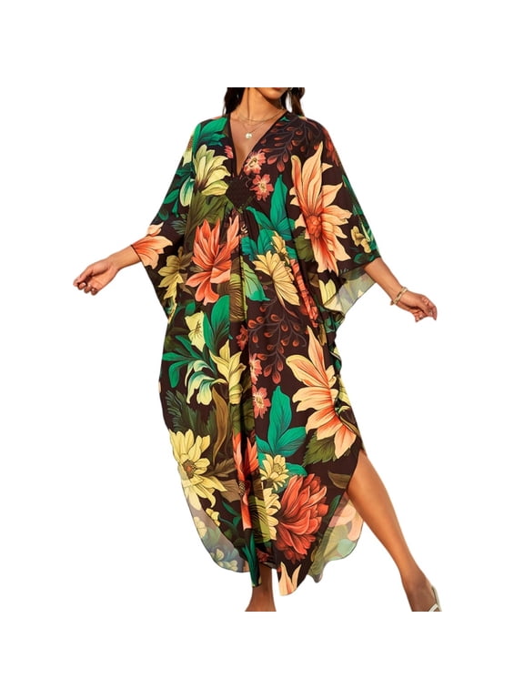 Women Kaftan Dresses Batwing Sleeve V-Neck Moo Moos Colorful Print Cover Ups Caftan Beach Dresses Dresses New Hawaiian Dress Loungewear Dark Green One Size