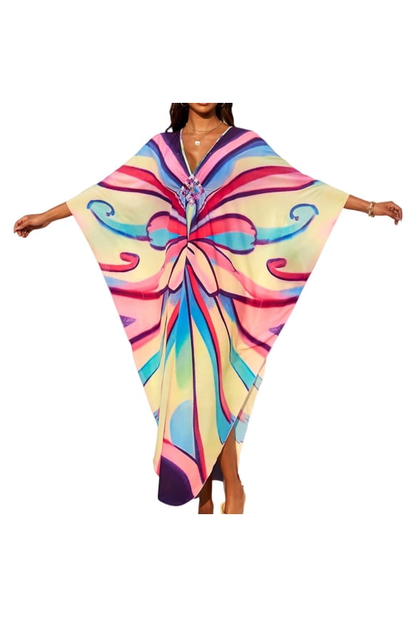 Women Kaftan Dresses Batwing Sleeve V Neck Moo Moos Colorful Print Cover Ups Caftan Beach Dresses Dresses 2026 Summer Hawaiian Dress Loungewear Hot Pink One Size