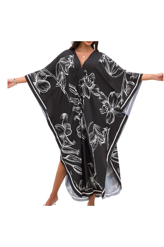 Women Kaftan Dresses Batwing Sleeve V-Neck Moo Moos Colorful Print Cover Ups Caftan Beach Dresses Dresses Summer 2026 Hawaiian Dress Loungewear Black One Size