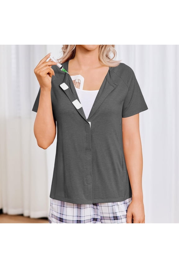 Women Mastectomy Shirts with Drain Pockets Post Shoulder Surgery Short Sleeve Tee Shirts Chemo Port Adaptive Top Chemotherapy Must Haves Dark Gray 3XL