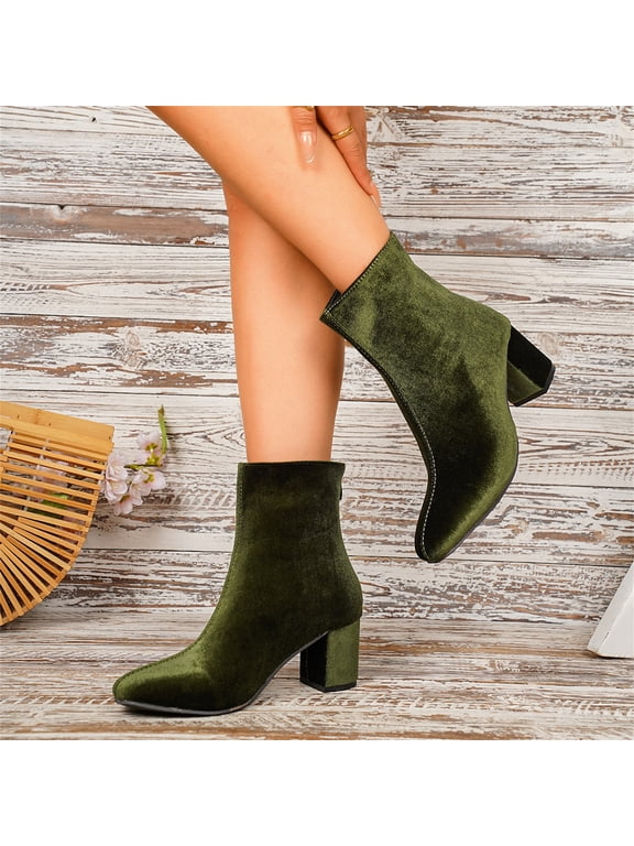 Women Pointed Toe Block Heel Ankle Boots, Back Zipper Velvet Fashion Short Boots Green 7.5(EU-39)