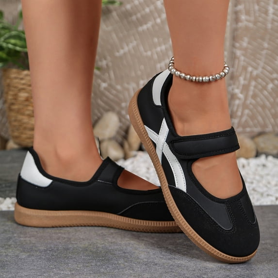 Domuza Women Retro Two-Tone Mary Jane Sneakers, Adjustable Magic Strap Cross Strip Casual Flat Shoes Non-Slip Gum Rubber Sole Daily Walking Footwear Black 7.5(EU-39)