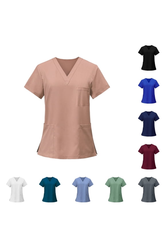 Women Scrub Tops Casual Soft Stretchy Short Sleeve V Neck Shirts Breathable Comfortable Nurse Uniforms Top with Multiple Pocket Pink L