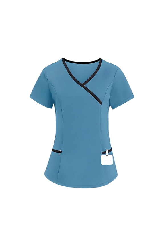 Women Scrub Tops Casual Soft Stretchy Short Sleeve V Neck Shirts Breathable Comfy Nurse Uniforms Tops with Multiple Pocket Blue S