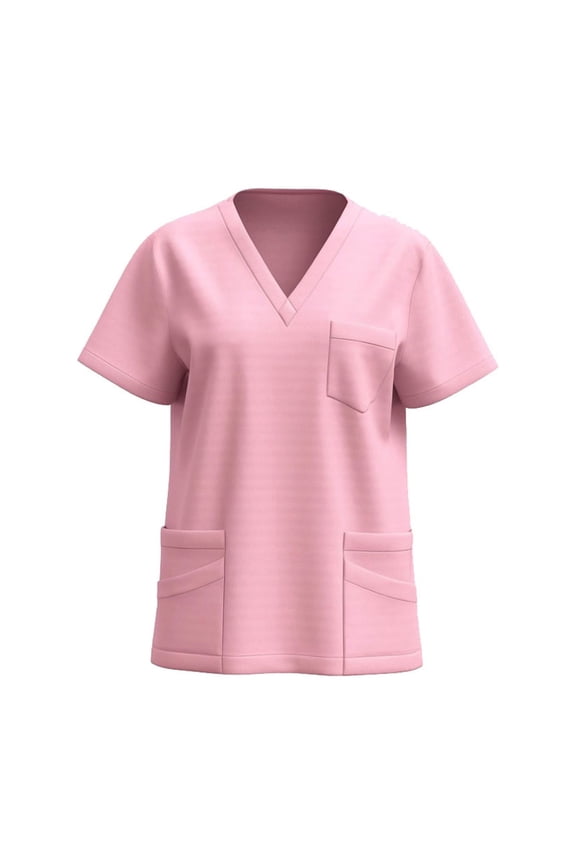 Women Scrub Tops Casual Soft Stretchy Short Sleeve V-Neck T Shirts Breathable Comfy Nurse Uniforms Blouses with Multiple Pocket Pink 2XL