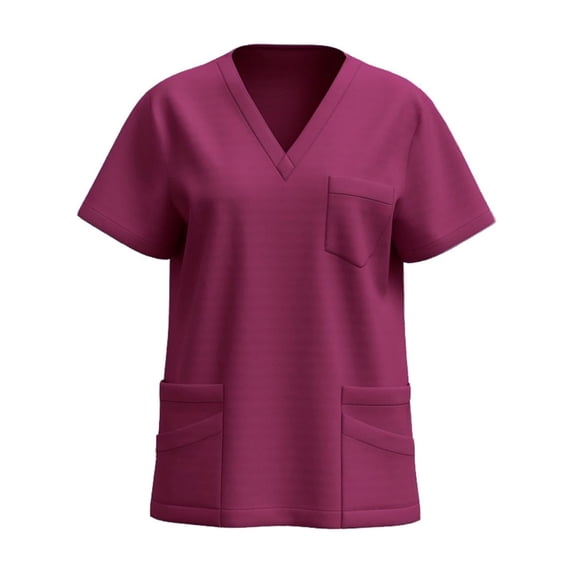 Domuza Women Scrub Tops Casual Soft Stretchy Short Sleeve V-Neck Tee Shirts Breathable Comfortable Nurse Uniforms Top with Multiple Pocket Wine S