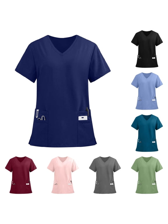 Women Scrub Tops Casual Soft Stretchy Short Sleeve V-Neck Tee Shirts Breathable Comfy Nurse Uniforms Tops with Multiple Pocket Navy XL