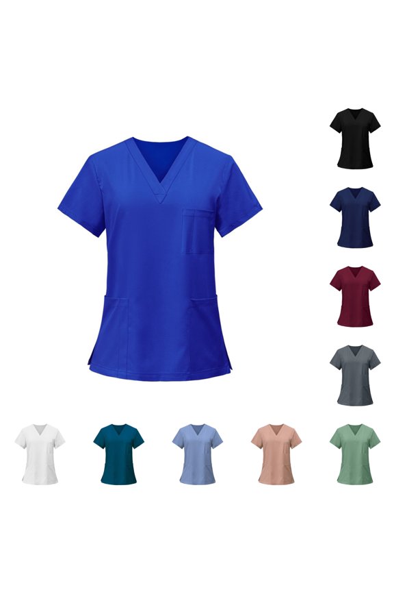 Women Scrub Tops Casual Soft Stretchy Short Sleeve V-Neck Tshirts Breathable Comfort Nurse Uniforms Tops with Multiple Pocket Blue XL