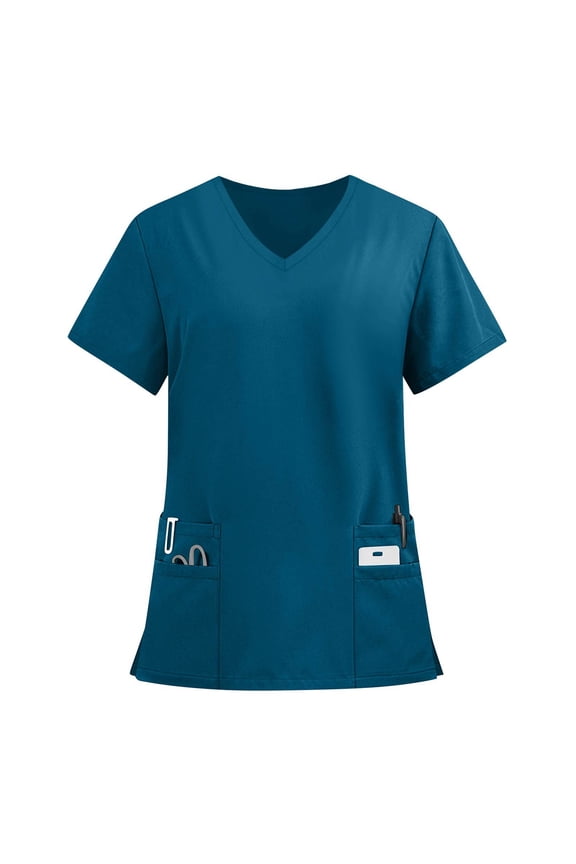 Women Scrub Tops Casual Soft Stretchy Short Sleeve V Neck Tshirts Breathable Comfy Nurse Uniforms Tops with Multiple Pocket Dark Blue 4XL