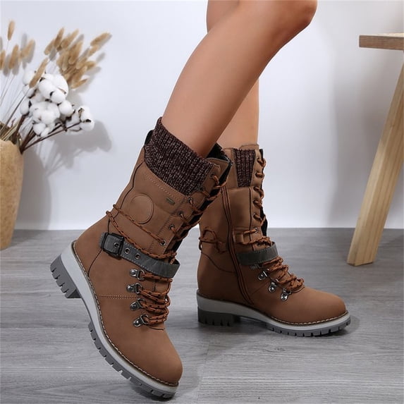 Domuza Women Side Zipper Knitted Cuff Round Toe Mid Calf Boots, Fashion Casual Winter Short Boots Brown 7.5(EU-39)
