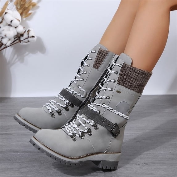 Domuza Women Side Zipper Knitted Cuff Round Toe Mid Calf Boots, Fashion Casual Winter Short Boots Gray 7.5(EU-39)