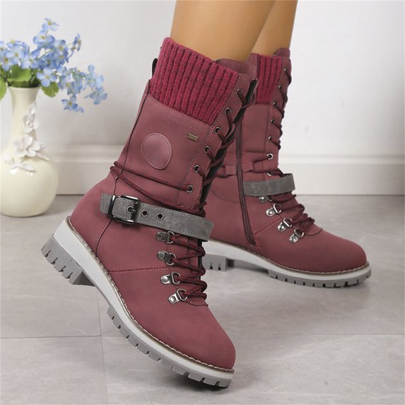 Domuza Women Side Zipper Knitted Cuff Round Toe Mid Calf Boots, Fashion Casual Winter Short Boots Red 6.5(EU-37)