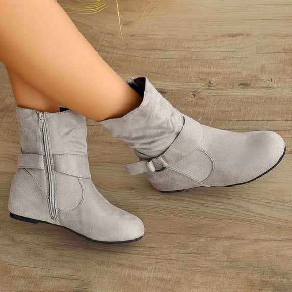 Domuza Women Slouchy Ruched Ankle Boots with Buckle Strap, Hidden Wedge Heel Faux Suede Side Zipper Casual Short Boots for Autumn Winter Daily Commuting Walking Gray 10(EU-43)