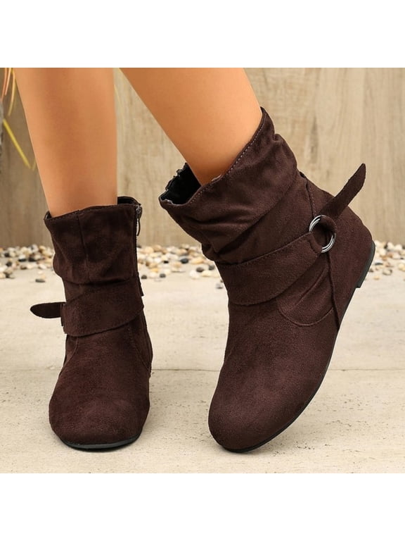 Women Slouchy Ruched Ankle Boots with Buckle Strap, Hidden Wedge Heel Faux Suede Side Zipper Casual Short Boots for Autumn Winter Daily Commuting Walking Coffee 10(EU-43)