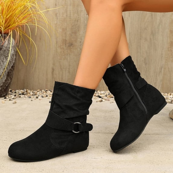 Domuza Women Slouchy Ruched Ankle Boots with Buckle Strap, Hidden Wedge Heel Faux Suede Side Zipper Casual Short Boots for Autumn Winter Daily Commuting Walking Black 7(EU-38)