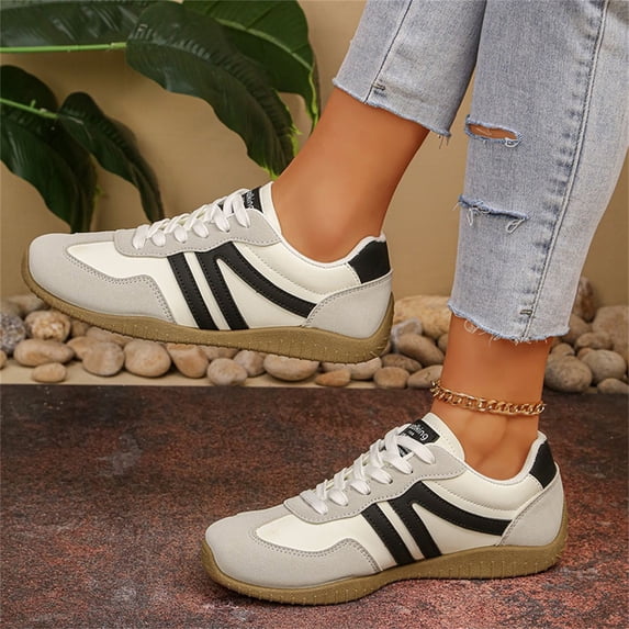 Domuza Women Striped Lace Up Round Toe Casual Sneakers, Lightweight Flat Walking Daily Shoes White 7(EU-38)