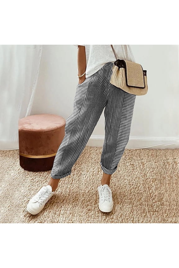 Women Striped Linen Pants Casual Elastic Waistband Drawstring Straight Leg Pant 2026 Summer Trendy Relaxed Fit Beach Boho Trousers with Pocket Black L