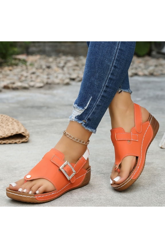 Women T-Strap Thong Sandals, Adjustable Ankle Strap Open Toe Shoes, Hollow Breathable Flat Casual Footwear for Summer Beach Orange 5.5(EU-36)