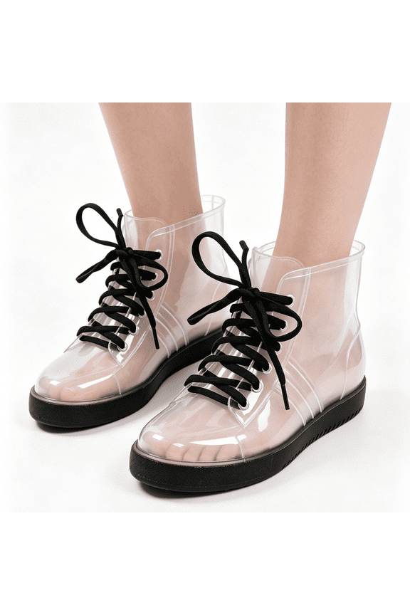 Women Transparent Jelly Lace Up Short Ankle Rain Boots, Waterproof Non Slip Rubber Sole Fashion Rain Shoes for Outdoor Walking Commuting Rainy Days Black 5.5(EU-36)