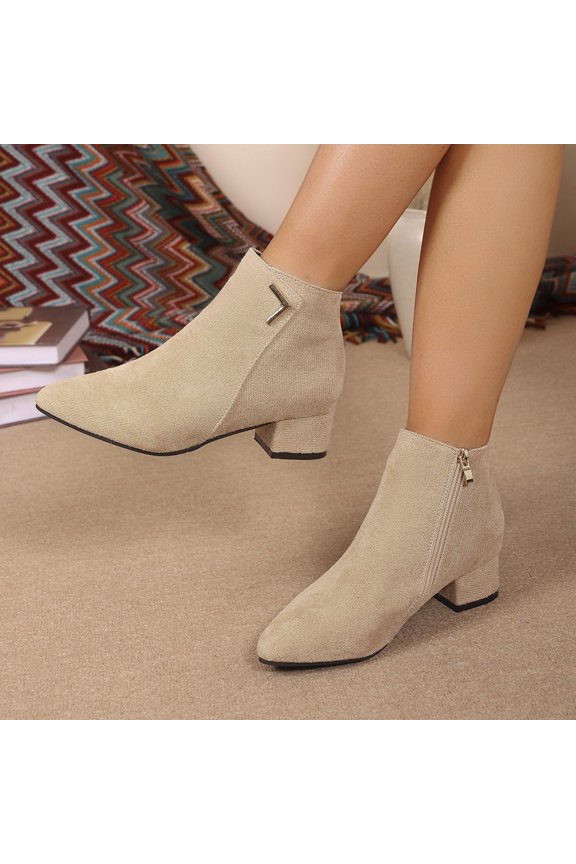 Women V-Shaped Metal Accent Faux Suede Chunky Heel Ankle Boots, Pointed Toe Zipper Closure Casual Dress Short Boots for Autumn Winter Office Daily Beige 5.5（EU-36）