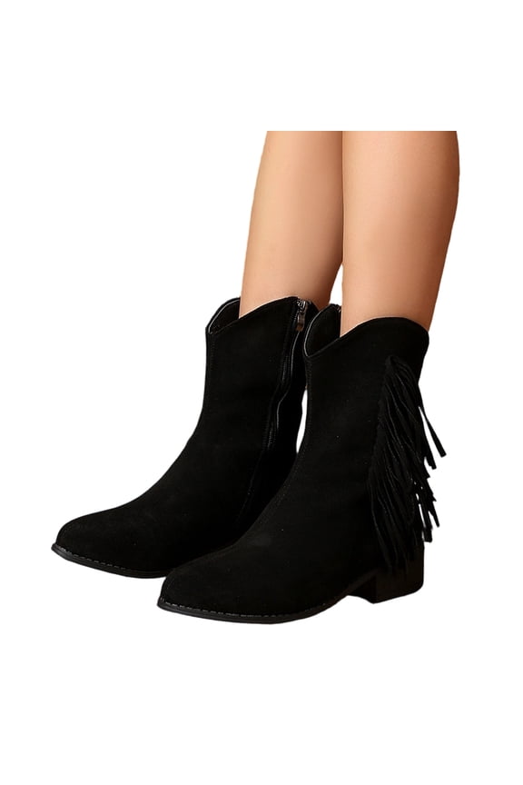 Women Vintage Fringe Tassel Decor Back Zipper Chunky Heel Ankle Boots, Faux Suede Pointed Toe Western Style Casual Short Boots for fall Winter Daily Dating Black 7(EU-38)