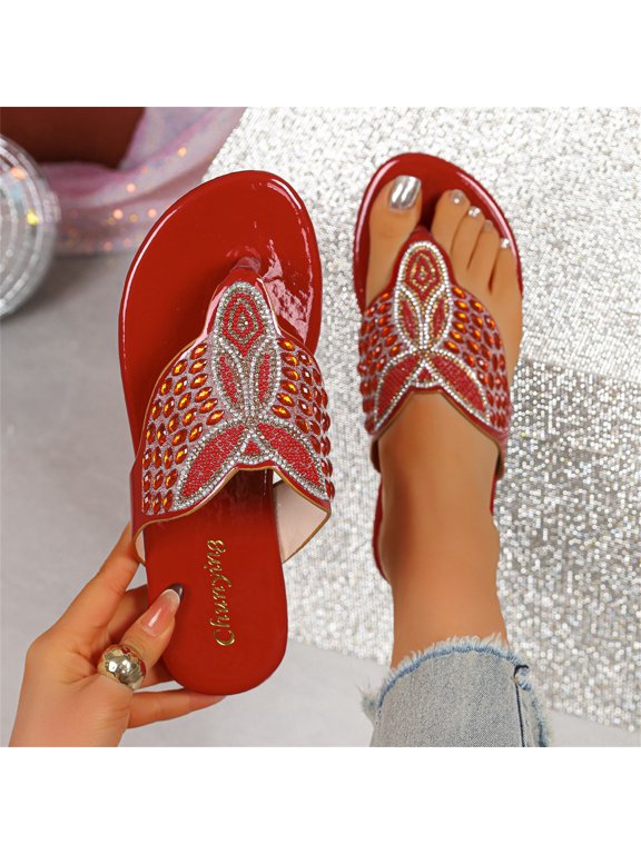 Women Wedge Flip Flops Boho Bling Rhinestone Slide Sandals Comfortable Slip On Thong Slippers Summer Casual Walking Beach Red 7.5(EU-39)