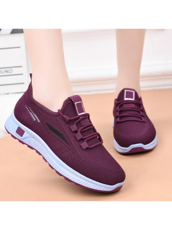 Women Winter Warm Fleece Lined Fly Knit Casual Shoes, Contrast Side Stripe Elastic Lace Up Thick Sole Non Slip Walking Sneakers for Daily Outdoor Purple 5.5(EU-36)