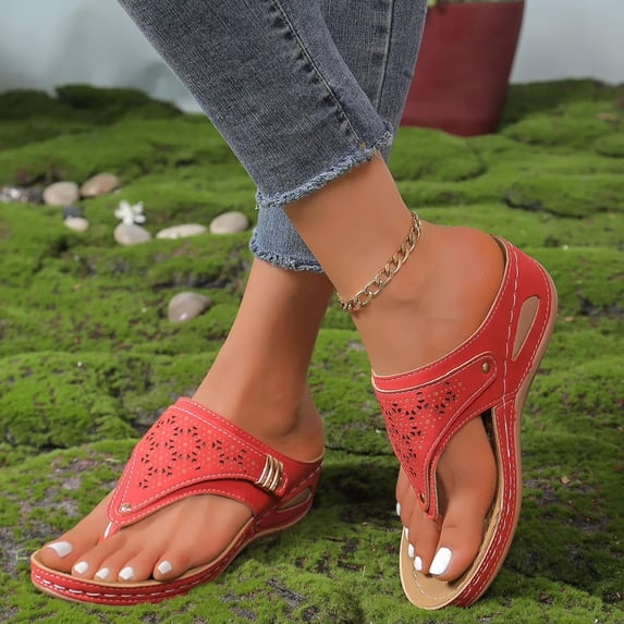 Domuza Women's Orthopedic Sandals, Open Toe Wedge Platform Shoes with Arch Support, Non-Slip Comfortable Casual Dress Footwear, Ideal for Summer Beach and Daily Wear Red 8(EU-40)