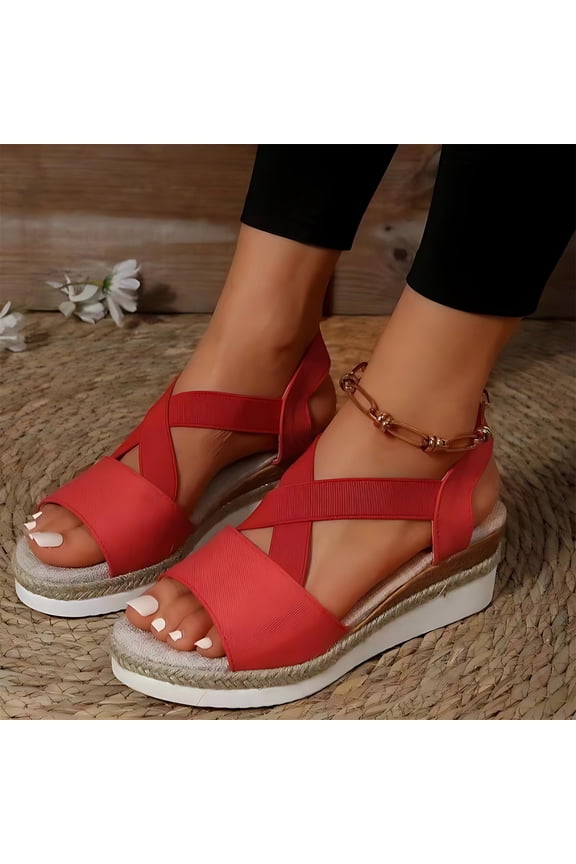 Women's 2026 Wedge Espadrilles, open toe cross strap platform sandals, comfy slip-on style for summer, beach and vacation wear. Red 8.5(EU-41)