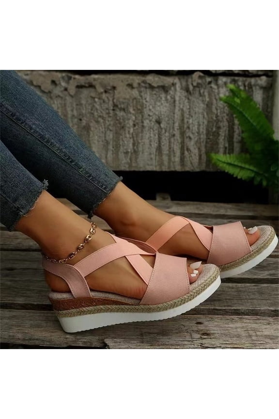 Women's 2026 Wedge Espadrilles, open toe cross strap platform sandals, comfy slip-on style for summer, beach and vacation wear. Pink 8.5(EU-41)