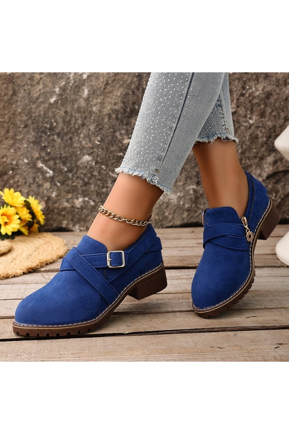 Women’s Adjustable Buckle Chunky Heel Oxfords, Non-Slip Platform Casual Shoes for Work & Daily Wear Blue 5.5(EU-36)