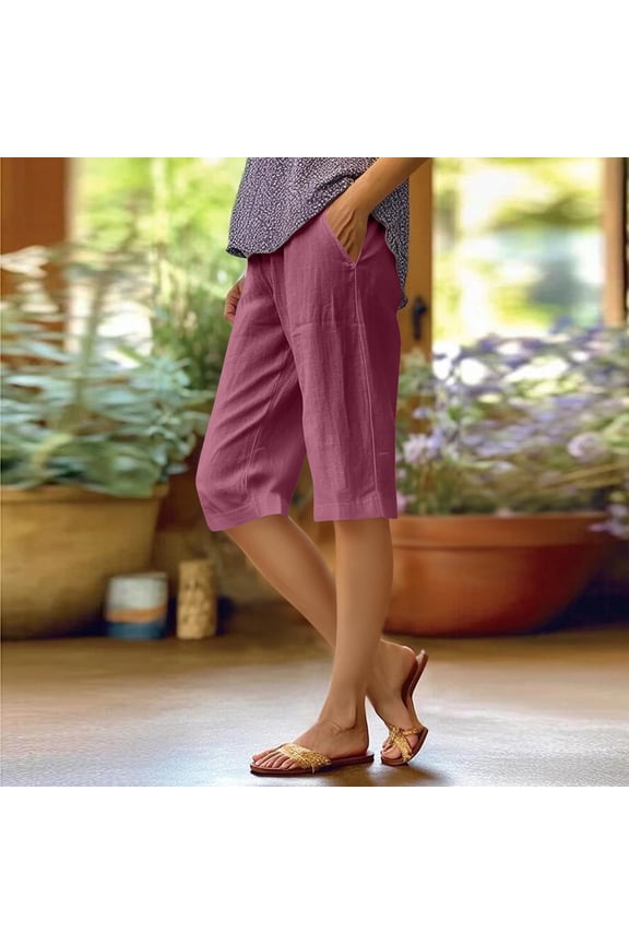 Women's Bermuda Shorts Casual Cotton Linen Loose Fit Palazzo Shorts 2026 Summer Trendy Lightweight Beach Shorts with Pocket Hot Pink L