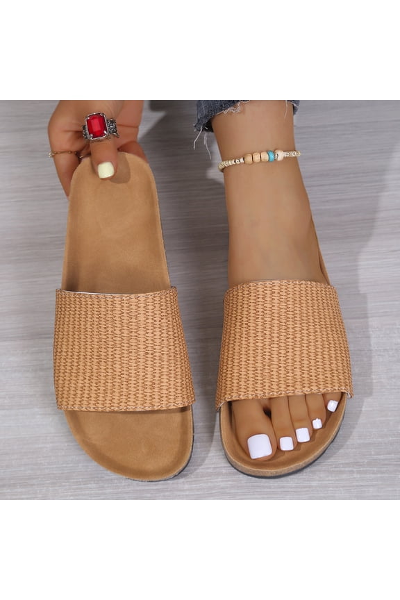 Women's Boho Woven Strap Flat Sandals, Breathable Cork Footbed Slides, Stylish Summer Shoes for Beach Trips and Casual Outings Khaki 8（EU-40）