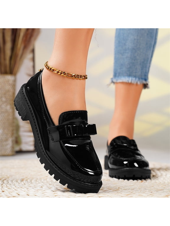 Women's Bow Decor Patent Leather Chunky Loafers, Non-Slip Lug Sole Slip On Platform Shoes, Comfortable Dress Shoes for Work Office School Casual Wear Black 8.5(EU-41)