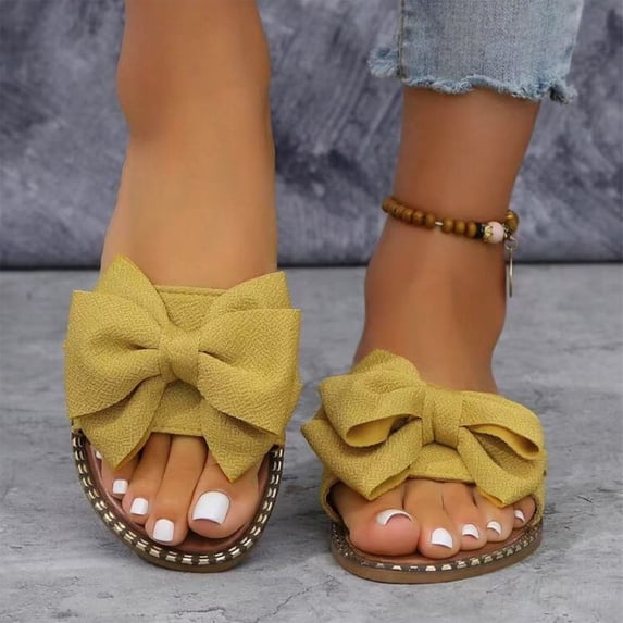 Domuza Women's Bow Knot Slides Open Toe Flat Sandals 2026 Summer Slip On Slippers Yellow 7.5(EU-39)