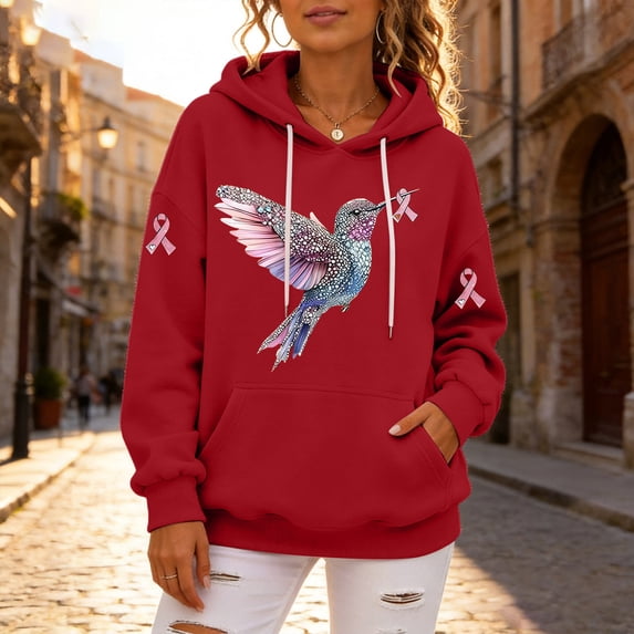 Domuza Women's Breast Cancer Awareness Hoodie Hummingbird Graphic Long Sleeve Pullover Sweatshirts ,in October We Wear Pink with Pocket Shirts Red S