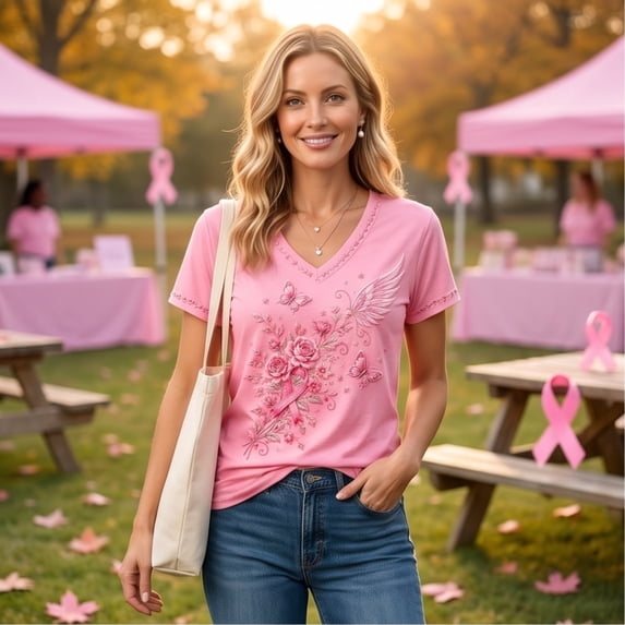 Domuza Women's Breast Cancer Awareness Shirts Hummingbird Graphic Cancer Survivor Short Sleeve V Neck Shirts ,in October We Wear Pink T-Shirts XL