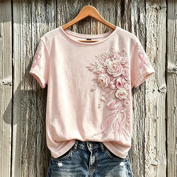 Domuza Women's Breast Cancer Awareness Shirts Pink Ribbon Print Cancer Survivor Short Sleeve Crew Neck Tee Shirts ,in October We Wear Pink Shirts XL